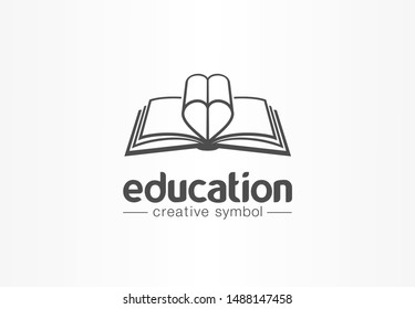 Education, open book with heart shape creative symbol concept. Novel, love story, affair abstract business logo idea. Learn, read icon. Corporate identity logotype, company graphic design tamplate