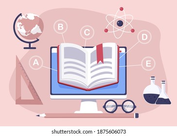 Education, open book of knowledge, school background. Vector Education school university e-learning concept with computer