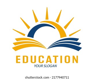 Education. An open book and the sun. Logo, brand, or sticker template for websites, apps, and theme design. Flat style