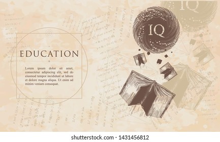 Education. Open Books Fly To The World Knowledge. IQ Test Concept. Symbol Of Literatures, Poetry, Reading. Renaissance Background. Medieval Manuscript, Engraving Art 