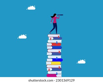 Education for opportunities for advancement in life. Wisdom for visionary leaders. Woman on a tall stack of books looking through a telescope