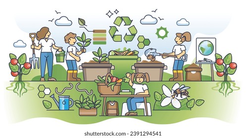 Education in organic practices or learn sustainable lifestyle outline concept. Teach kids to compost kitchen leftovers and zero waste life vector illustration. Green future learning to save planet.