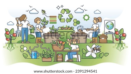 Education in organic practices or learn sustainable lifestyle outline concept. Teach kids to compost kitchen leftovers and zero waste life vector illustration. Green future learning to save planet.