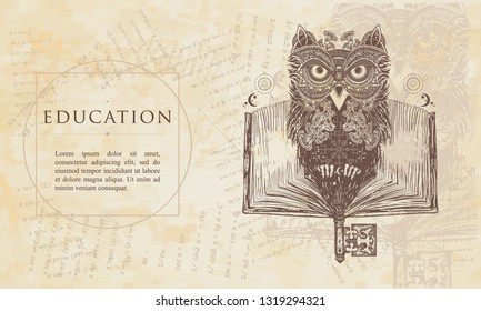 Education. Owl and open book. Renaissance background. Medieval manuscript, engraving art 