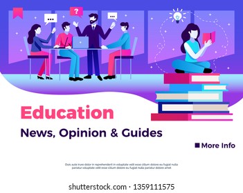 Education page design with news opinion and guides symbols flat vector illustration