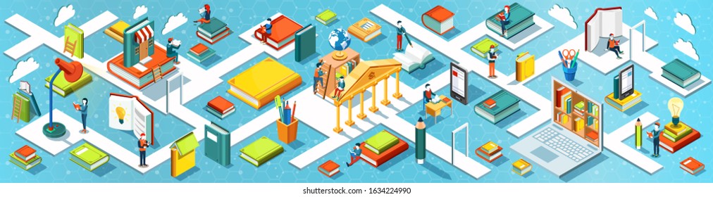 Education panoramic banner. Isometric flat design. The concept of reading books in the library. Learning process. Vector illustration.