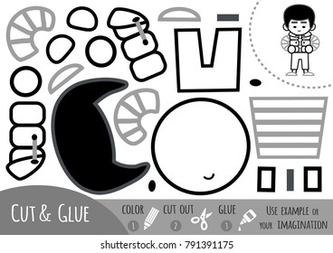 Education paper game for children, Asian boy in the gilet. Use scissors and glue to create the image.