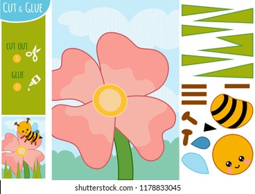Education paper game for children. The bee on the flower. Use scissors and glue to create the image.
