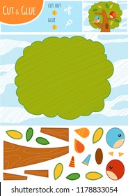 Education paper game for children. The birds in the tree. Use scissors and glue to create the image.