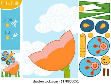 Education paper game for children. The butterfly and flower. Use scissors and glue to create the image.