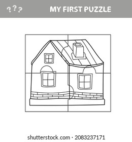Education paper game for children, carton House. My first puzzle - game for kids. Coloring page