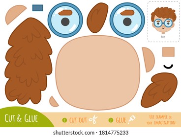 Education paper game for children, cartoon boy with glasses. Use scissors and glue to create the image.