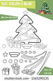 Education paper game for children - Christmas tree. Use scissors and glue to create the image.