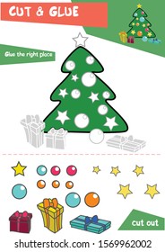 Education paper game for children - Christmas tree. Use scissors and glue to create the image.