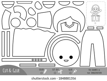 Education paper game for children, DJ girl in headphones and mixing console. Use scissors and glue to create the image.