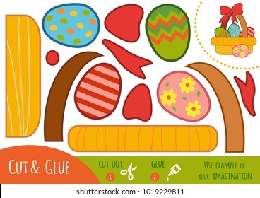 Education paper game for children, Easter basket with colored eggs. Use scissors and glue to create the image.