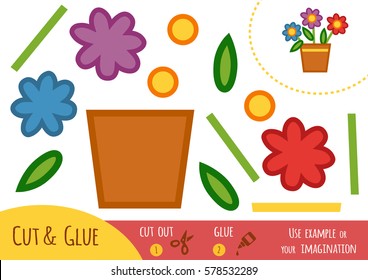 Education paper game for children, flowers in a pot. Use scissors and glue to create the image.