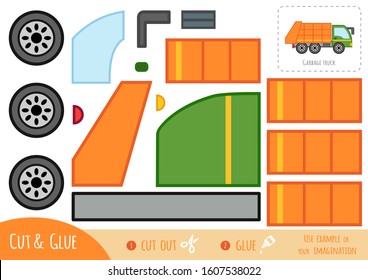 Education paper game for children, Garbage truck. Use scissors and glue to create the image.
