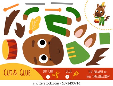 Education paper game for children, Horse drummer. Use scissors and glue to create the image.