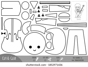 Education paper game for children, Musician and cello. Use scissors and glue to create the image.