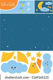 Education paper game for children, Night sky with moon and stars. Use scissors and glue to create the image.