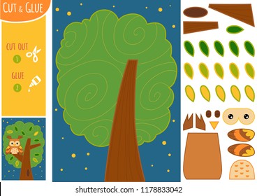 Education paper game for children. The owl in the tree. Night landscape. Use scissors and glue to create the image.