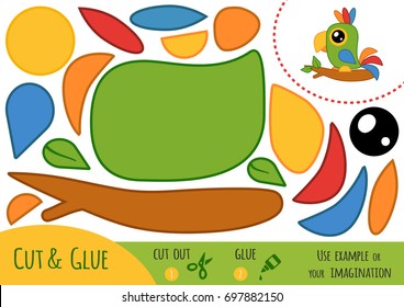 Education paper game for children, Parrot. Use scissors and glue to create the image.