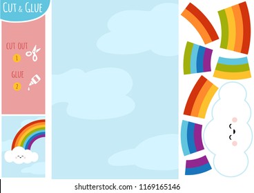 Education paper game for children, Rainbow and clouds in the blue sky. Use scissors and glue to create the image.