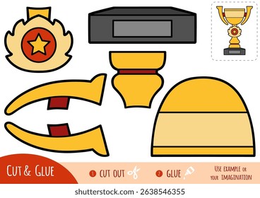 Education paper game for children, Sports trophy cup. Make a golden trophy by cutting and pasting paper parts. Fun DIY educational game for preschool and kindergarten to develop fine motor skills.
