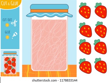 Education paper game for children, Strawberry in jar. Use scissors and glue to create the image.