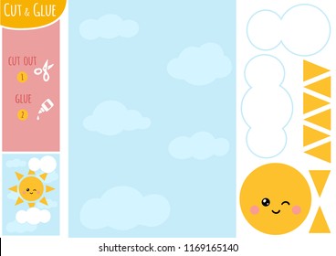 Education paper game for children, Sun and white clouds in the blue sky. Use scissors and glue to create the image.