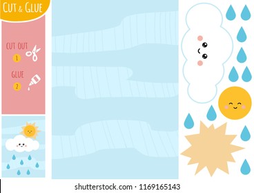 Education paper game for children, Sun with cloud and raindrops in the blue sky. Use scissors and glue to create the image.