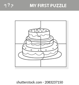 Education paper game for children, sweet cake. My first puzzle. Game for kids. Pieces of puzzle. Coloring page