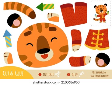 Education paper game for children, Tiger and fireworks. Use scissors and glue to create the image.