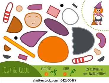 Education paper game for children, Witch. Use scissors and glue to create the image.