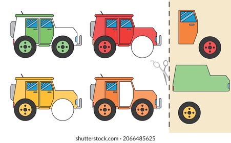 Education paper game. Collection of cars and their parts. Set for childrens intrigue. Graphic elements for magazine, development of creativity in toddlers, baby. Cartoon flat vector illustration