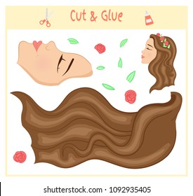 Education paper game for the development of preschool children. Cut parts of the image and glue on the paper. Vector illustration. Use scissors and glue to create the applique. beautiful girl