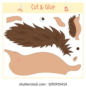 Education paper game for the development of preschool children. Cut parts of the image and glue on the paper. Vector illustration. Use scissors and glue to create the applique. hedgehog animal
