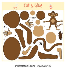 Education paper game for the development of preschool children. Cut parts of the image and glue on the paper. Vector illustration. Use scissors and glue to create the applique. monkey animal