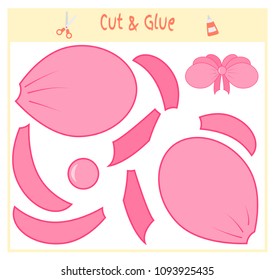 Education paper game for the development of preschool children. Cut parts of the image and glue on the paper. Vector illustration. Use scissors and glue to create the applique. bow decoration