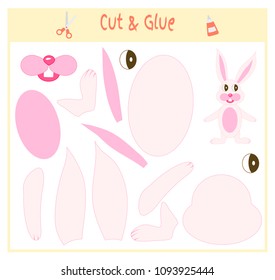 Education paper game for the development of preschool children. Cut parts of the image and glue on the paper. Vector illustration. Use scissors and glue to create the applique. hare animal