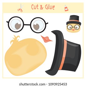 Education paper game for the development of preschool children. Cut parts of the image and glue on the paper. Vector illustration. Use scissors and glue to create the applique. chicken bird