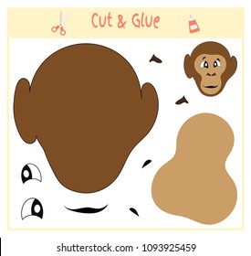 Education paper game for the development of preschool children. Cut parts of the image and glue on the paper. Vector illustration. Use scissors and glue to create the applique. monkey animal