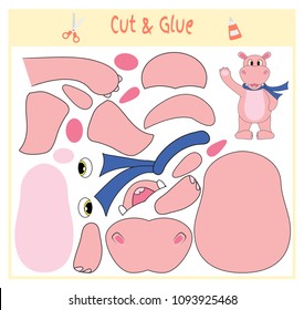 Education paper game for the development of preschool children. Cut parts of the image and glue on the paper. Vector illustration. Use scissors and glue to create the applique. Hippo animal