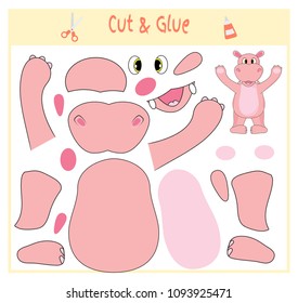 Education paper game for the development of preschool children. Cut parts of the image and glue on the paper. Vector illustration. Use scissors and glue to create the applique. Hippo animal