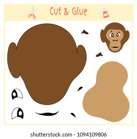 Education paper game for the development of preschool children. Cut parts of the image and glue on the paper. Vector illustration. Use scissors and glue to create the applique. monkey animal