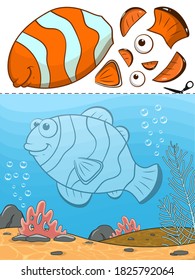 Education paper game for the development of preschool children. Sea Fish. Use scissors cut parts and restore the picture inside the contour on the colorful background. Cut and glue. Worksheet activity