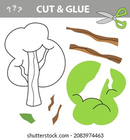 Juego de papel educativo para el desarrollo de niños preescolares. Cortar partes y pegar en el papel. Ilustración vectorial. Árbol verde