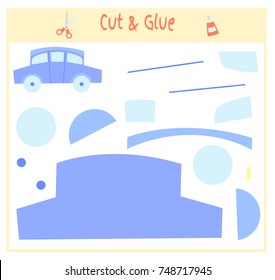 Education paper game for the development of preschool children. Cut parts of the image and glue on the paper. Vector illustration. Use scissors and glue to create the applique. toy car.