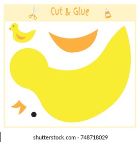 Education paper game for the development of preschool children. Cut parts of the image and glue on the paper. Vector illustration. Use scissors and glue to create the applique. duck